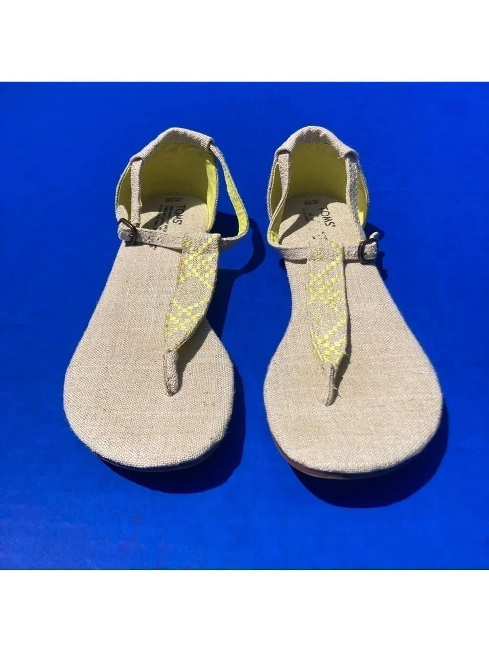 Toms yellow patterned thong sandals, size 10W